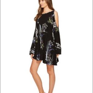 Free people Clear sky cold shoulder long blouse tunic floral black Mini dress
